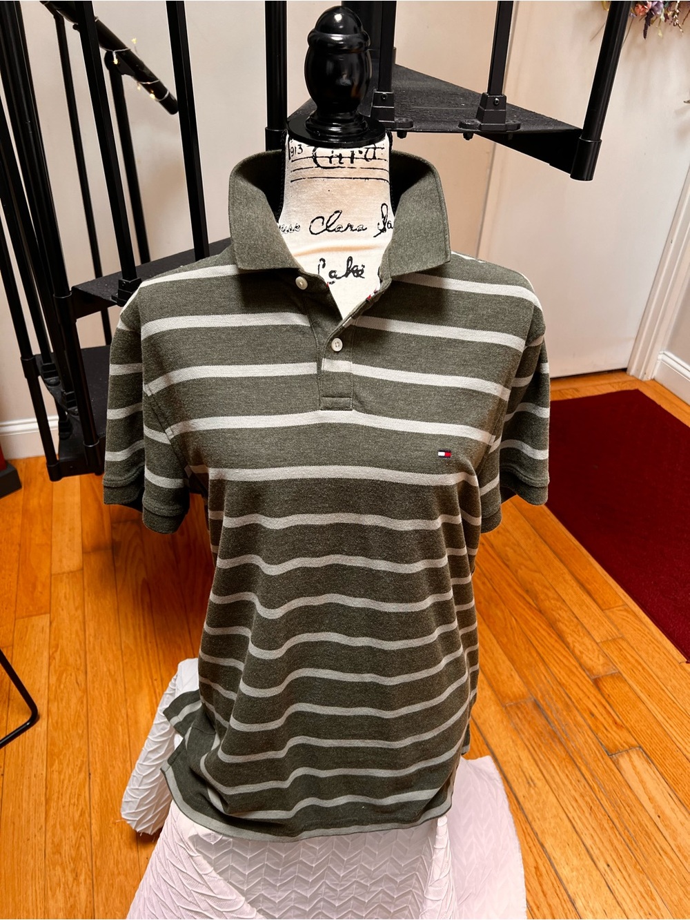 Tommy Hilfiger Men’s Olive Green & Light Gray Striped Polo